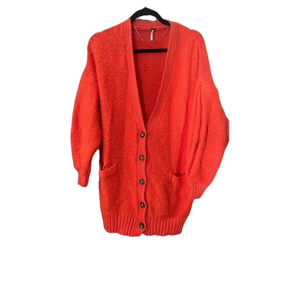 Free People Cardigan Womens Medium Orange Snow Drop Sweater Button Pockets